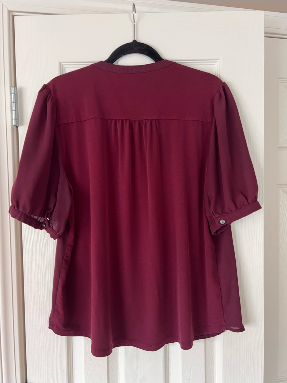 Ann Taylor Factory Plum Ruffle-Trim Split-Neck Blouse - Picture 2 of 4